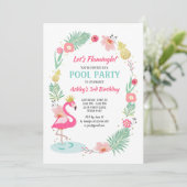 Flamingo Zwembad uitnodiging Tropische Verjaardag (Staand voorkant)