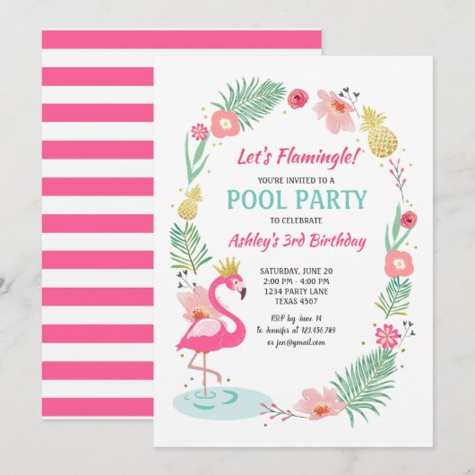 Flamingo Zwembad uitnodiging Tropische Verjaardag (Voorkant / Achterkant)