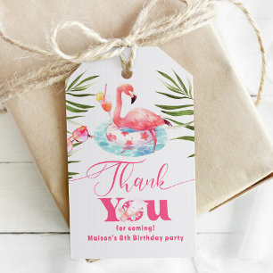 Flamingo zwembadfeest roze meisje verjaardag cadeaulabel