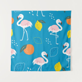 Flamingo's, abstract tropisch fruit, trendy patroo wandkleed