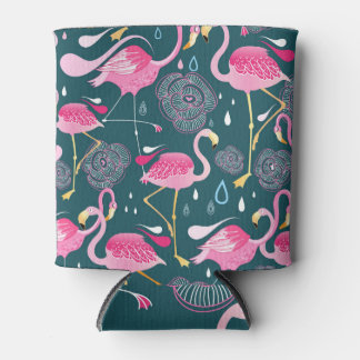 Flamingo's Bloemen: Donker Grafisch Naadloos. Blikjeskoeler