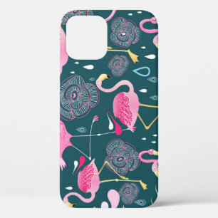 Flamingo's Bloemen: Donker Grafisch Naadloos. iPhone 12 Hoesje