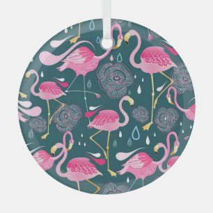 Flamingo's Bloemen: Donker Grafisch Naadloos. Glas Ornament