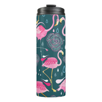 Flamingo's Bloemen: Donker Grafisch Naadloos. Thermosbeker