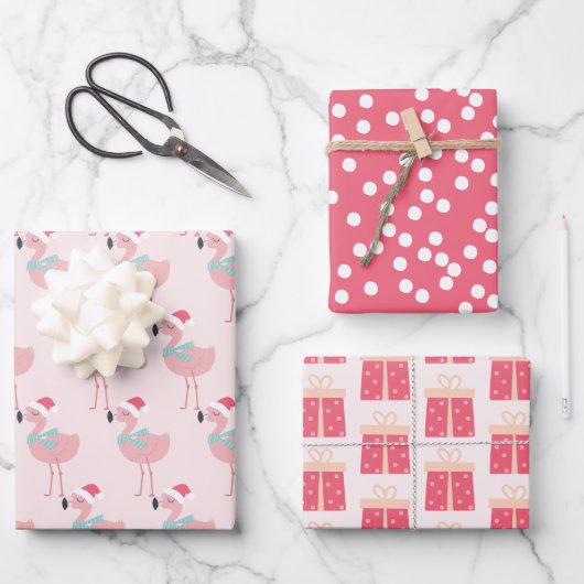 Flamingos, Cadeaus en pokadots - Kerstmis Inpakpapier Vel (Voorkant)