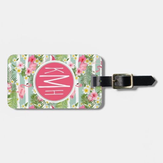 Flamingos en Stripes | Monogram Bagagelabel (Voorkant horizontaal)