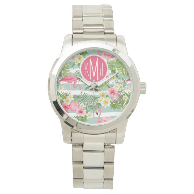 Flamingos en Stripes | Monogram Horloge (Voorkant)