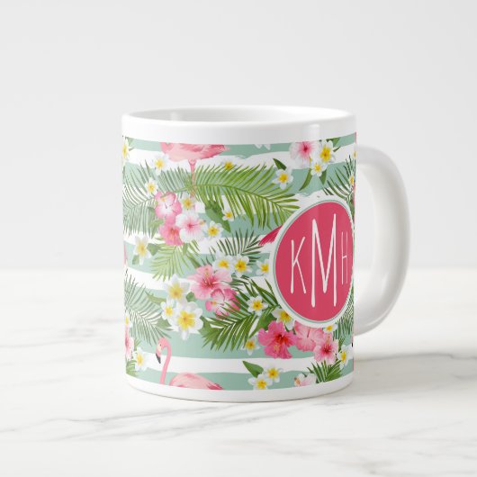 Flamingos en Stripes | Monogram Jumbo Mok (Voorkant rechts)