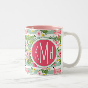 Flamingos en Stripes   Monogram Tweekleurige Koffiemok