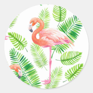 Flamingos en tropische bladeren ronde sticker