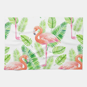 Flamingos en tropische bladeren theedoek