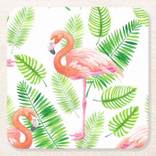 Flamingos en tropische bladeren vierkante kartonnen onderzetter