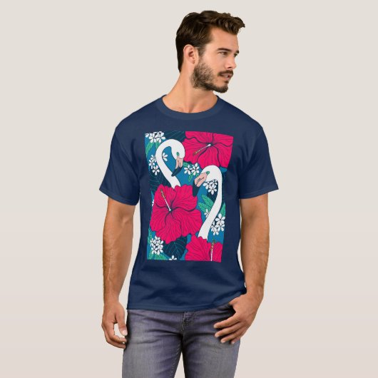 Flamingos, hibiskus en tropische bladeren t-shirt (Voorkant volledig)