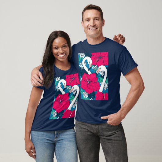 Flamingos, hibiskus en tropische bladeren t-shirt (Unisex)