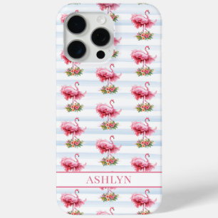 Flamingo's met Bloemen op Waterverf Strepen iPhone 15 Pro Max Hoesje