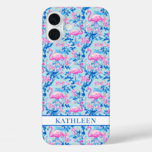 Flamingo's met Roze Bloemen Monogram iPhone 16 Plus Hoesje