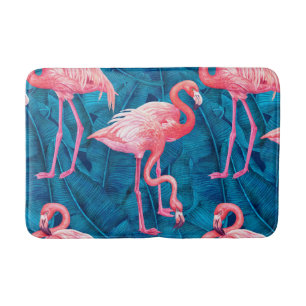 Flamingos op blauwe bananenbladeren badmat