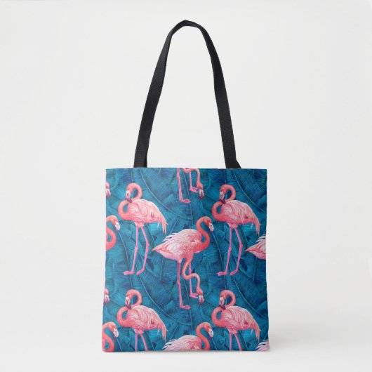 Flamingos op blauwe bananenbladeren draagtas (Voorkant)