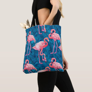 Flamingos op blauwe bananenbladeren draagtas