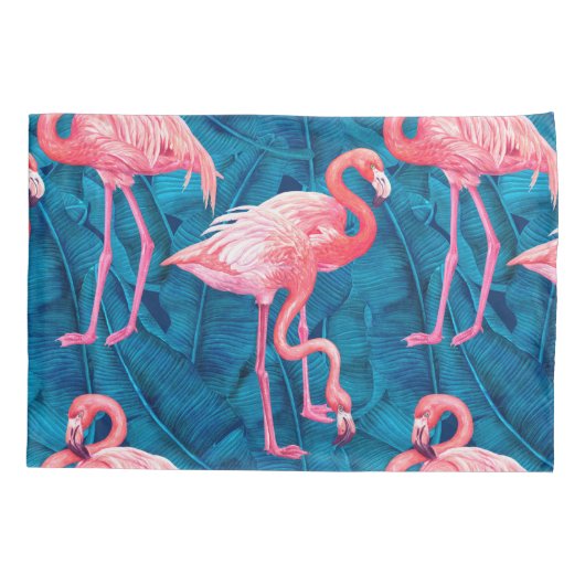 Flamingos op blauwe bananenbladeren kussensloop (Achterkant)