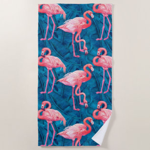 Flamingos op blauwe bananenbladeren strandlaken