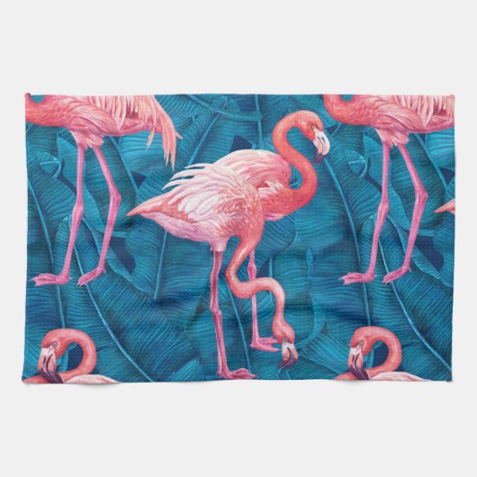 Flamingos op blauwe bananenbladeren theedoek (Horizontaal)