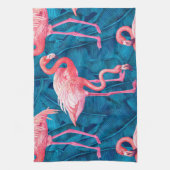 Flamingos op blauwe bananenbladeren theedoek (Verticaal)