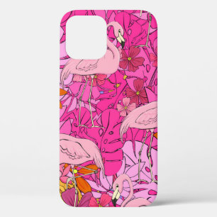 Flamingos op een achtergrond van tropische bladere iPhone 12 hoesje