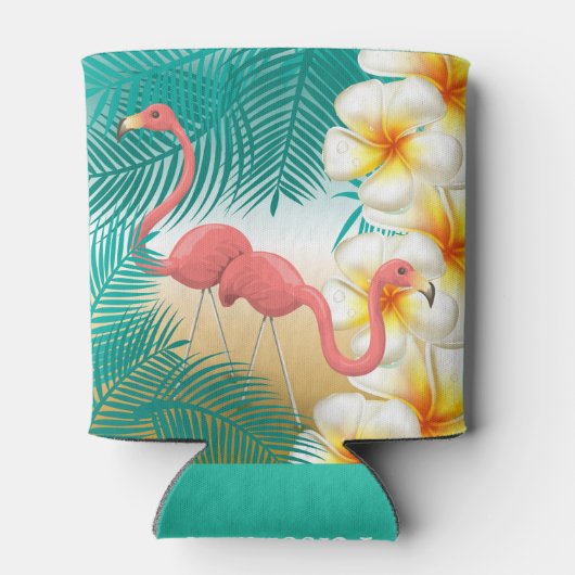 Flamingos op een Blauwgroen Tropisch Beach-ontwerp Blikjeskoeler (Achterkant)