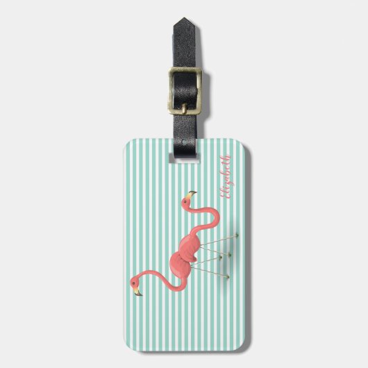 Flamingos op mint-witte strepen bagagelabel (Voorkant verticaal)