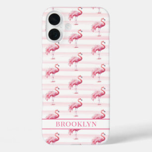 Flamingo's op waterverfstrepen met monogram iPhone 16 plus hoesje