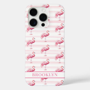Flamingo's op waterverfstrepen met monogram iPhone 16 pro hoesje