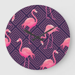 flamingo's, paarse geometrische achtergrond. grote klok
