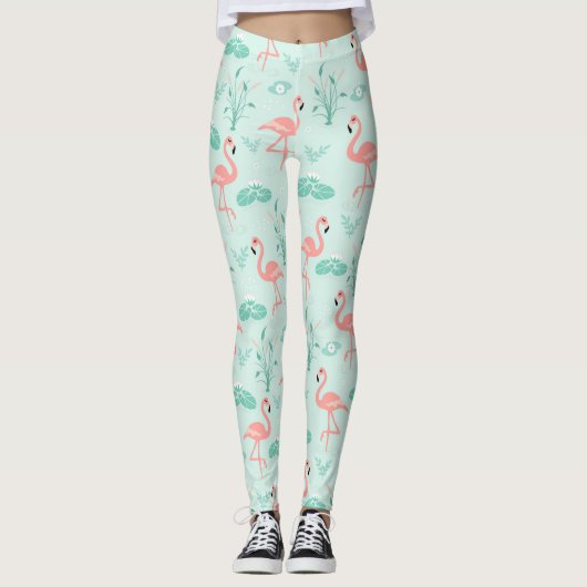 Flamingos Pink Green Tropical Birds Trendy Leggings (Voorkant)