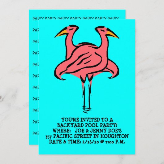 FLAMINGOS ~POOL PARTY INVITATION ~ EZ OM AAN TE PA KAART (Voorkant / Achterkant)