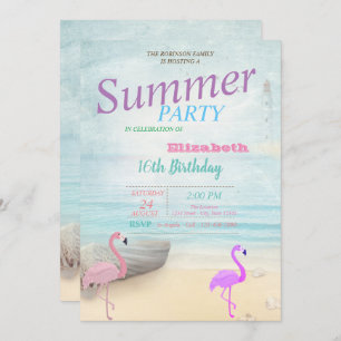 Flamingos Summer Boat Lighthouse Birthday Party Kaart