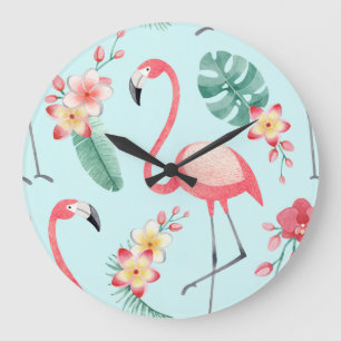 Flamingo's Tropische Bloemen Waterverf Patroon Grote Klok