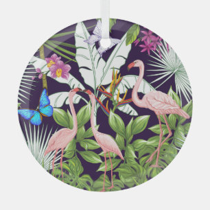 Flamingo's, tropische planten: . glas ornament