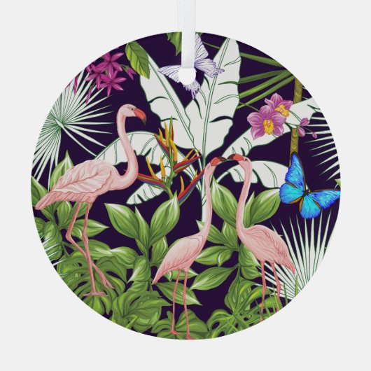 Flamingo's, tropische planten: . glas ornament (Achterkant)