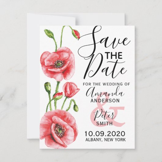 Flanders Poppy Elegant Waterverf Wedding Save The Date (Voorkant)