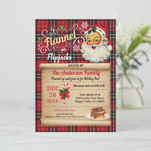 Flannel and flipjacks pajama and pancake party inv kaart (Staand voorkant)