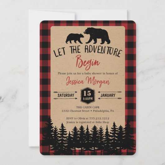 Flannel Aventure Ours Bébé Douche Invitations (Devant)