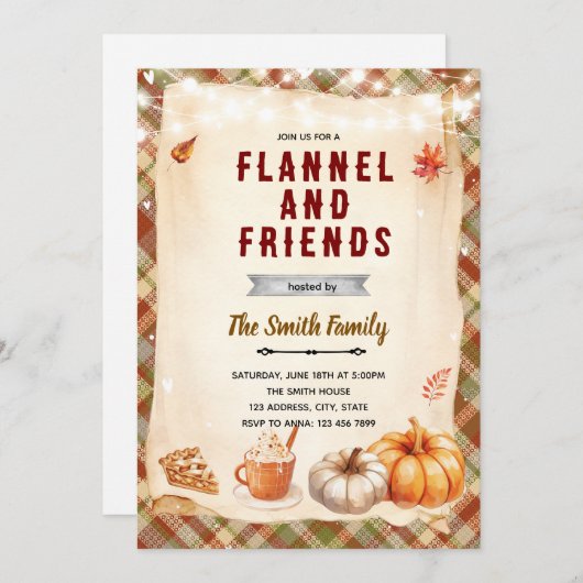 Flannel Bonfire and S'mores party invitation (Devant / Derrière)