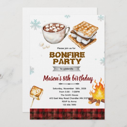 Flannel bonfire party invitation (Devant / Derrière)