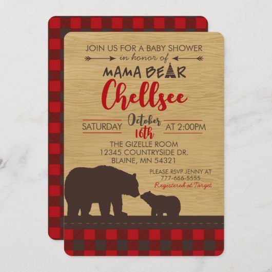 Flannel et Wood Mama Ours Bébé Douche Invitations (Devant / Derrière)
