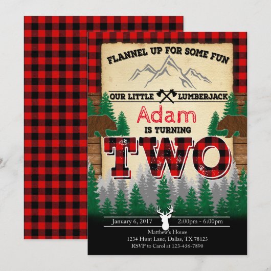 Flannel Lumberjack Birthday Party Invitation Two Kaart (Voorkant / Achterkant)