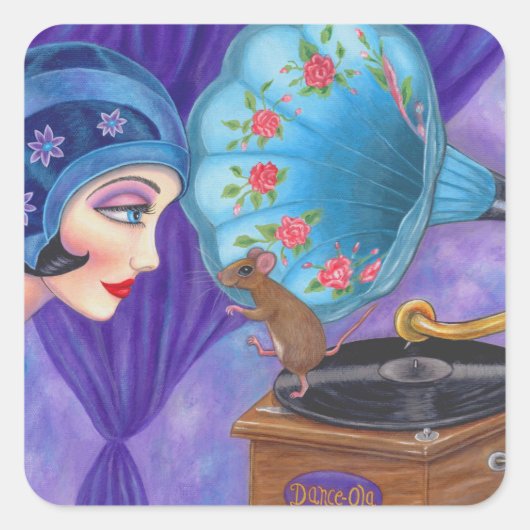 Flapper Girl Roaring Twenties Mouse Gramophone Vierkante Sticker (Voorkant)