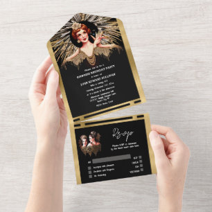 Flapper meisjes zwart goud 1920 Gatsby diner party All In One Uitnodiging