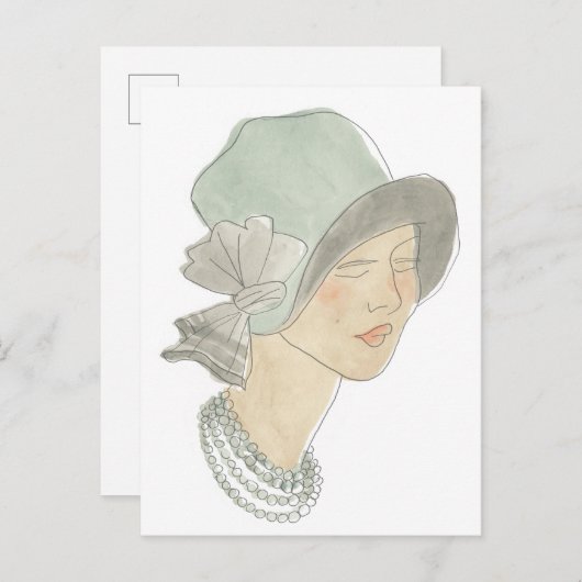 Flapper Mode Sketch - Vrouw met Pet Briefkaart (Voorkant / Achterkant)
