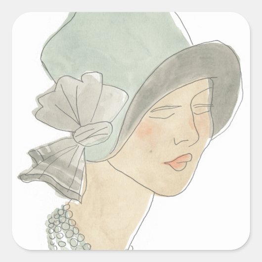 Flapper Mode Sketch - Vrouw met Pet Vierkante Sticker (Voorkant)
